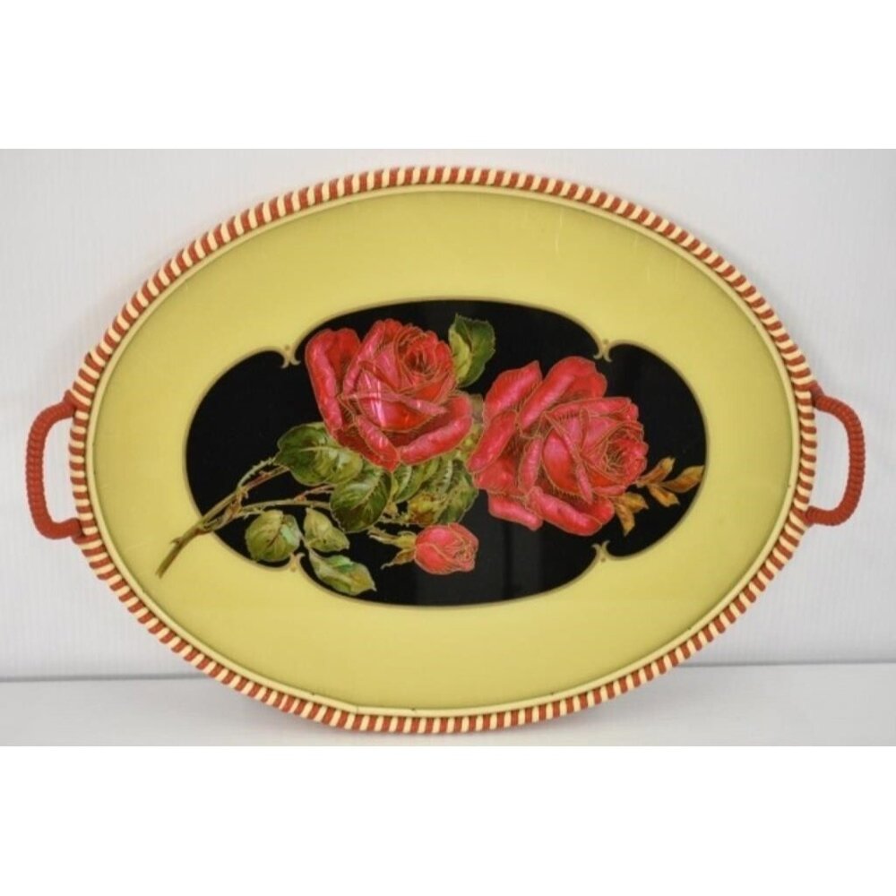 MCM Tray with Vinyl Braided Edges featuring Cabbage Roses and protected bottom